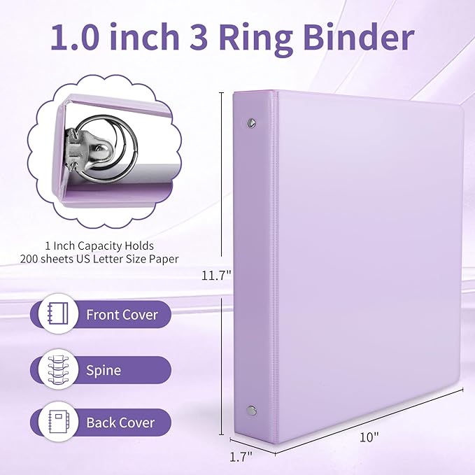 1" 3-Ring Binder, 1-inch Pastel Color Binders with 2 Inside Pockets, Clear View Cover Binder Holds 8.5'' x 11''Paper, Round Ring Binders for Office/Home/School, 6 Pack (Assorted 6 Colors)-DeskoryOffice