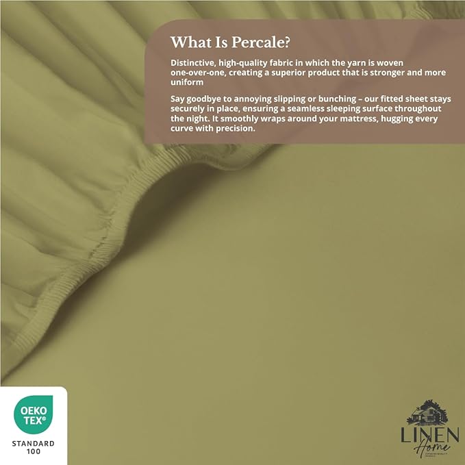Linen Home 100% Cotton Percale Weave Fitted Sheet, Full Size, Oil Green - Image 4