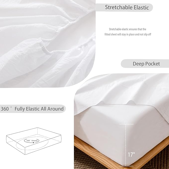 MooMee Fitted Bottom Sheet Only 100% Washed Cotton Linen Like Breathable - Image 6