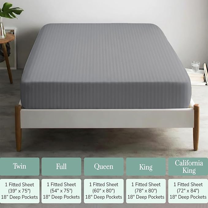 Feather & Stitch 1 Piece Fitted Sheet Queen Size, 100% Cotton Damask Sateen - Image 6