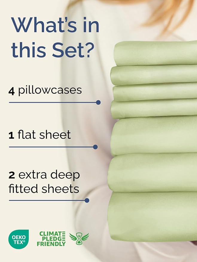 Extra Deep Split King Sheet Set - 7 Piece Breathable & Cooling Sheets - Hotel Luxury Bed Sheets Set - Easy Fit - Soft, Wrinkle Free & Comfy Sheets Set - Light Sage Sheet Set with Extra Deep Pockets