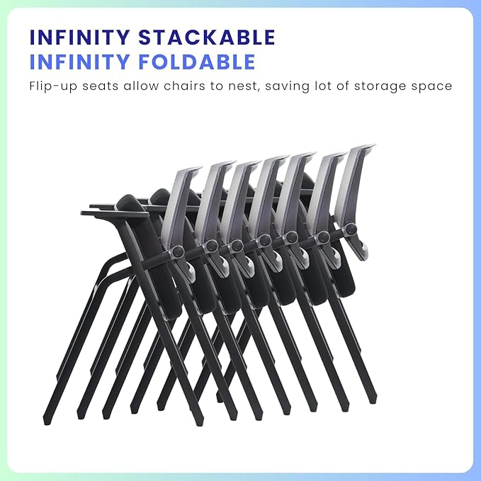 10 Pack Foldable Office Chair with PU Wheels and Sliding Armrest-Ergonomic Mesh Bouncing Back, Stackable Conference Room Chair, Office Guest & Reception & Meeting Chair (Black)-DeskoryOffice