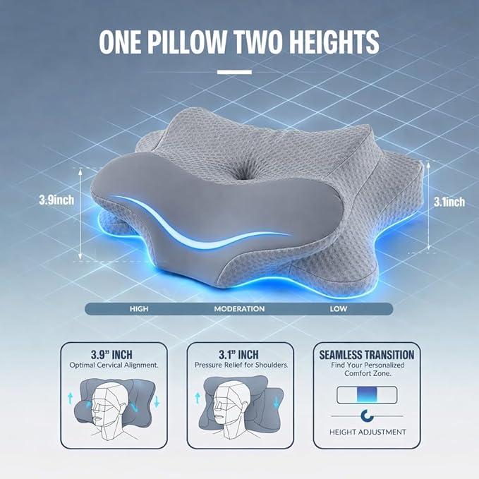 Side Sleeper Cervical Pillow with Butterfly Contour, Dual-Height Ergonomic Memory Foam Pillow for Neck Support, Washable Cover, 24.41" x 15.57
