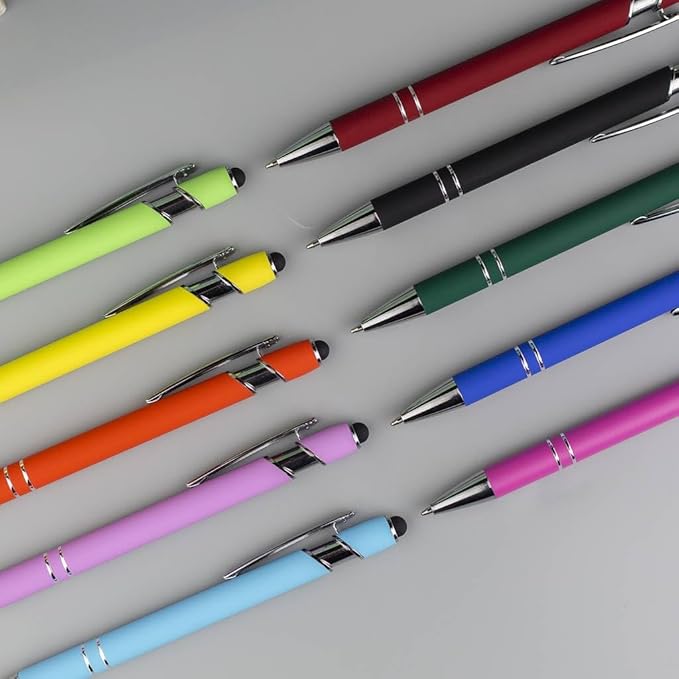 10-Pack Ballpoint Pens with Stylus Tip, Black Ink, 1.0mm Medium Point, Matte Metal Barrel, Assorted Colors – Soft Touch Grip for Office, School-DeskoryOffice