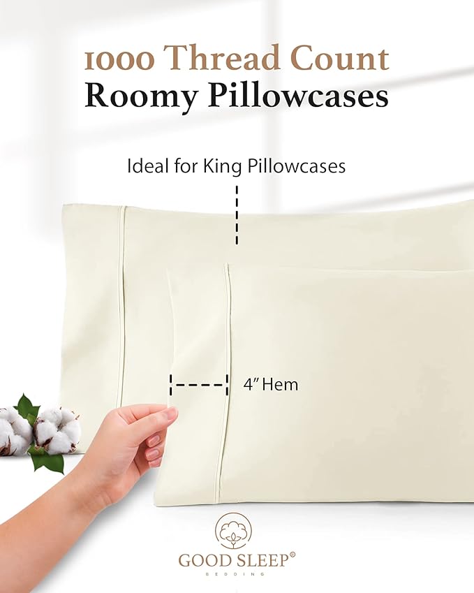 1000 TC Ivory King Pillowcases Set of 4 100% Egyptian Cotton Pillow Cases - Image 3
