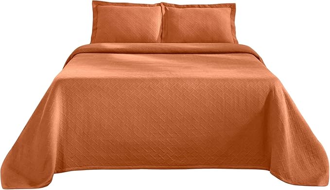 Superior 3 Piece Basketweave Cotton Bedspread Set, Home Bed Decor, Decorative Bed Spread, 2 Pillow Shams, Medium Weight Blanket, Matelasse Coverlet Bedding, Geometric Lattice Pattern, King, Mandarin