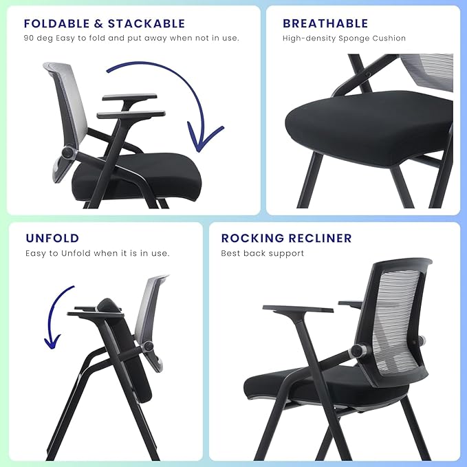10 Pack Foldable Office Chair with PU Wheels and Sliding Armrest-Ergonomic Mesh Bouncing Back, Stackable Conference Room Chair, Office Guest & Reception & Meeting Chair (Black)-DeskoryOffice