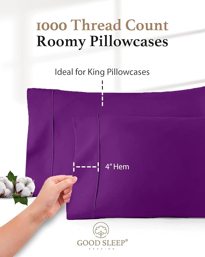 1000 TC Purple King Pillowcases Set of 4 100% Egyptian Cotton Pillow Cases - Image 3