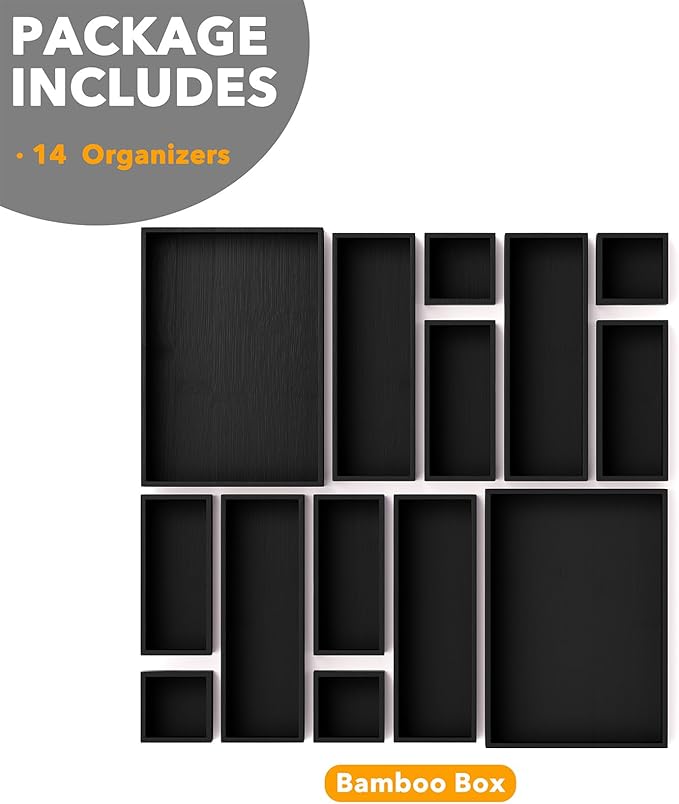 SpaceAid 14-Piece Bamboo Drawer Organizer Storage Boxes Set, Wood Tray Junk Drawer Organizers Multi-Use Divider Bins for Kitchen, Bathroom, Office Desk and Makeup Organization (14 Pack, Black)-DeskoryOffice