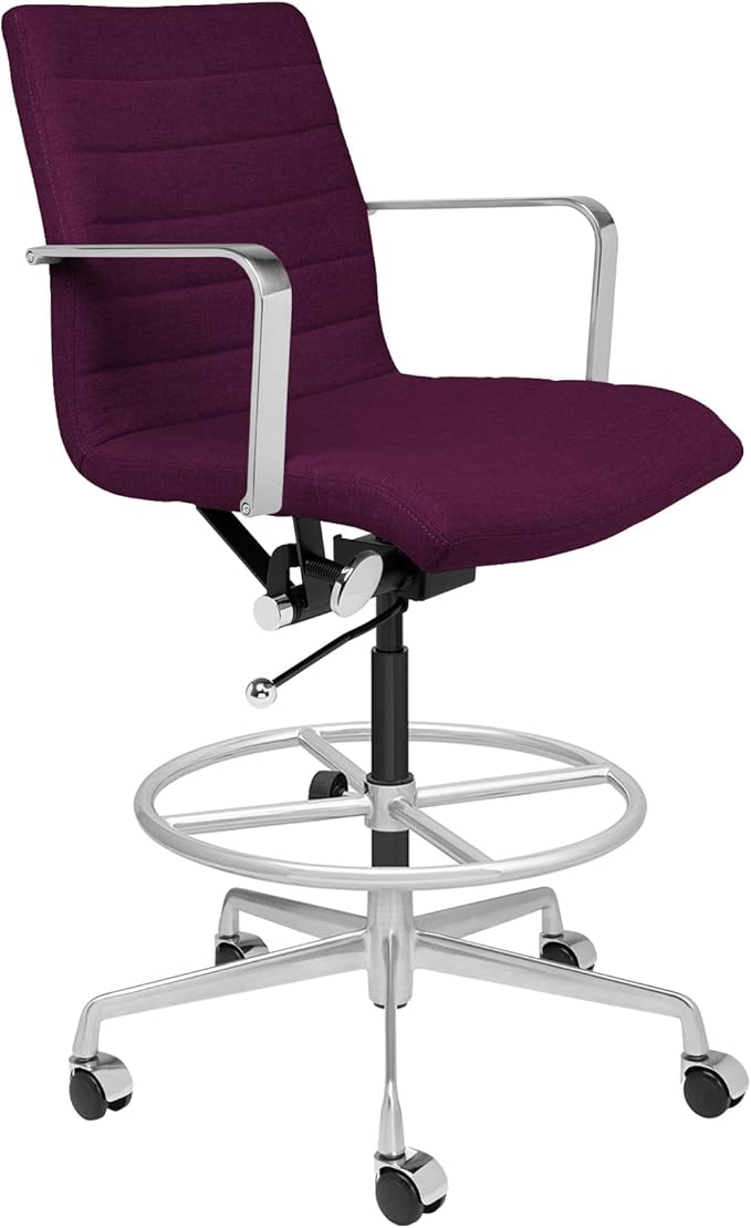 Laura Davidson Furniture SOHO II Ribbed Drafting Chair for Standing Desks, Standing Desk Chair - Ergonomically Designed, Draft Height, Arm Rest & Cushion, Made of Poly-Cotton Fabric, Purple Fabric-DeskoryOffice