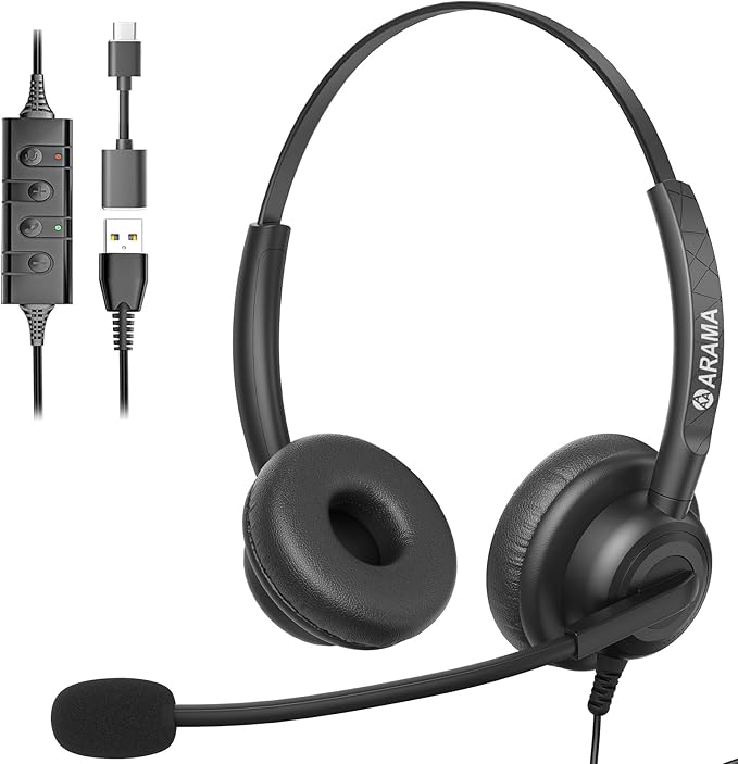 Arama Headset with Microphone for Pc, USB Headset with Noise Canceling Microphone for Laptop, Wired Computer Headset with Mute for Home Office Online Class Skype Zoom Meetings (USBA+USBC, Black)-DeskoryOffice