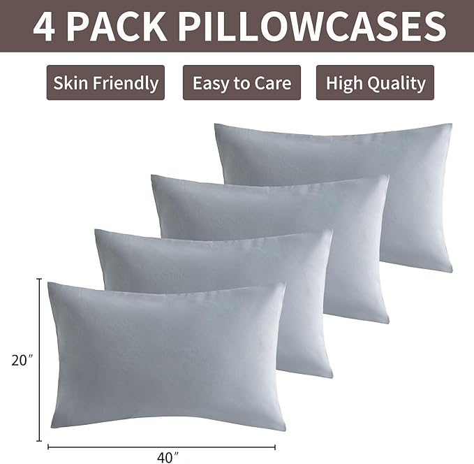 MINIPANDA Light Grey Pillowcases Set of 4 King Size- Gray Pillow Cases Super - Image 2