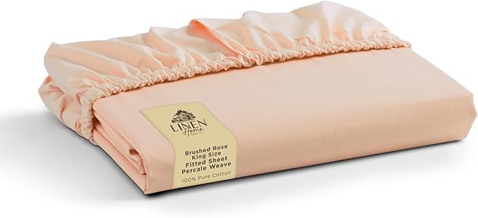 Linen Home 100% Cotton Percale Weave Fitted Sheet, King Size, Brushed Rose by LINENHOME