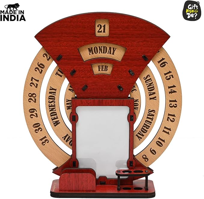 GKD Wooden Desk/Table Calendar to Lifetime Infinite Calendar 2025 with Desk Organizer and Photo Frame for Office/Home (‎Red)-DeskoryOffice