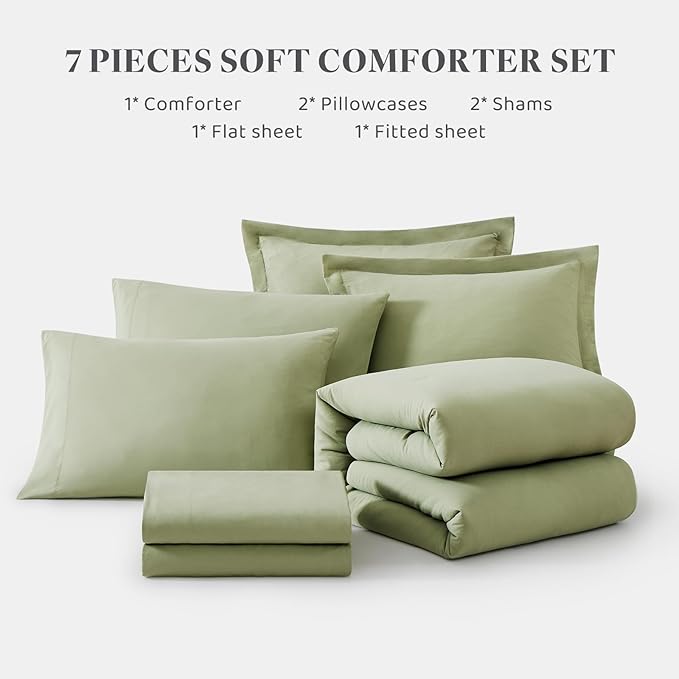 WRENSONGE King Size Comforter Set- 7 Pieces Soft Sage Green Bed in a Bag King - Image 8