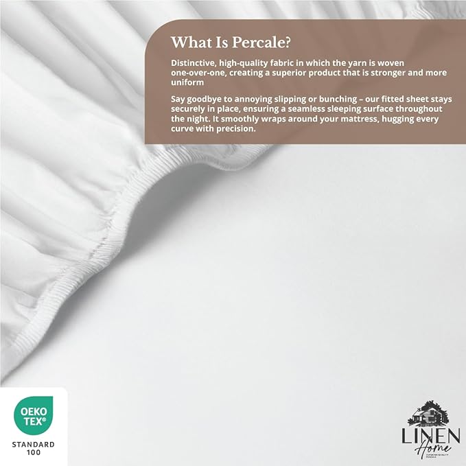 Linen Home 100% Cotton Percale Weave Fitted Sheet, Full Size, Snow White - Image 5