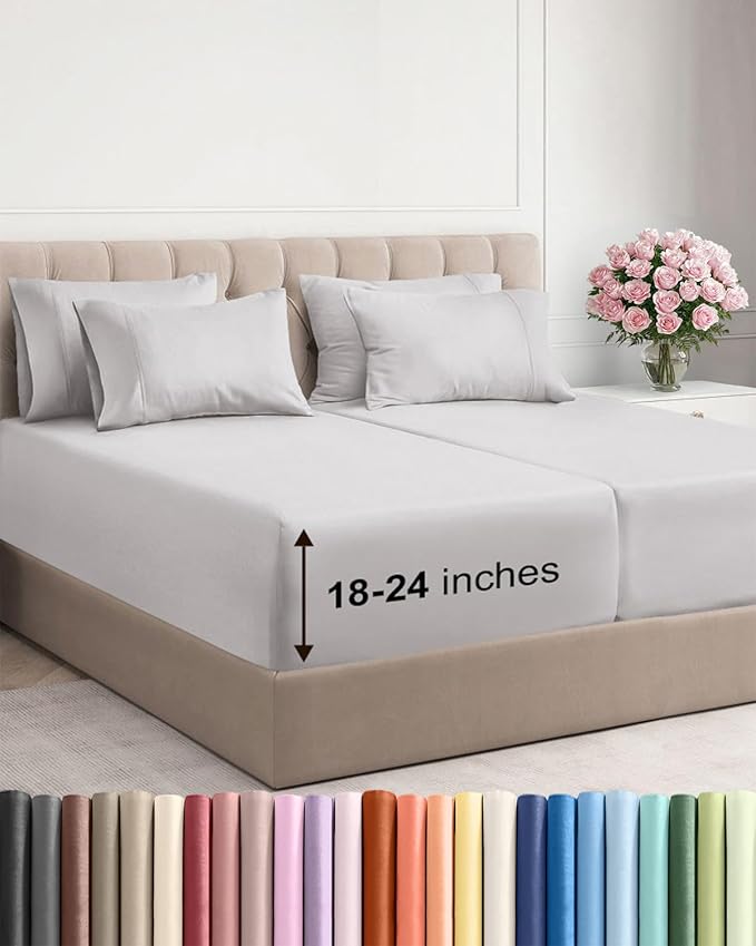 Extra Deep Split King Sheet Set - 7 Piece Breathable & Cooling Sheets - Hotel Luxury Bed Sheets Set - Easy Fit - Soft, Wrinkle Free & Comfy Sheets Set - French Grey Sheet Set with Extra Deep Pockets