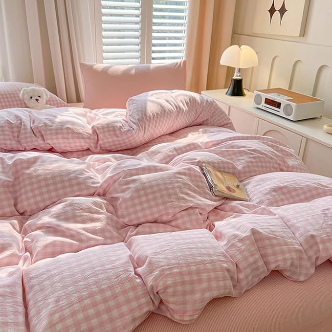 Nayoroom Gingham Duvet Cover Oversized King Pink White Plaid Checkered - Image 4