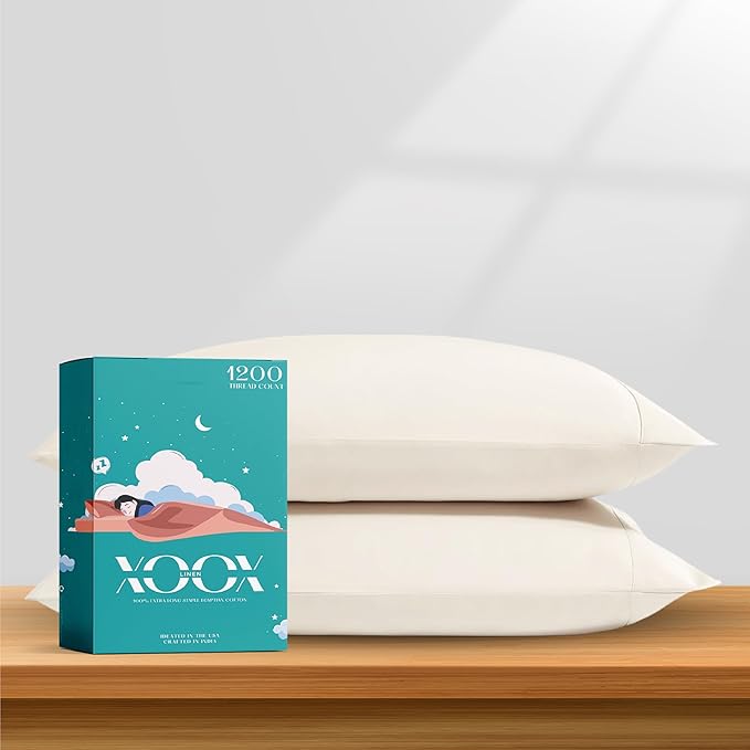 XOOX Linen 100% Egyptian Cotton Queen Pillow Cases Set of 2 by XOOXLinen