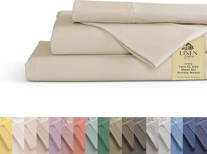 Linen Home 100% Cotton Percale Sheets Twin XL Size, Deep Pocket, 3 Pieces Set by LINENHOME