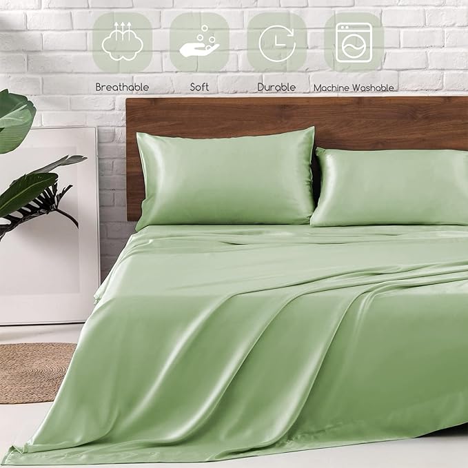 MR&HM Satin Bed Sheets with Elastic Corner Straps, Full Size Sheets Set - Image 6