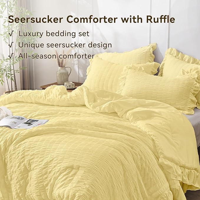 JOLLYVOGUE Twin Size Comforter Set, 2 Pieces Light Yellow Seersucker - Image 3