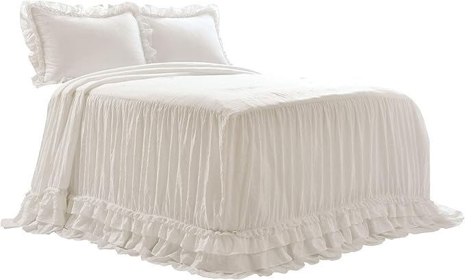 Lush Decor Ella Ruffle Lace Bedspread, 3 Piece Set, Queen, White - Cute Bed Set - Queen Bedding - White Bedding - Coquette Decor - Ruffle Trim - Lace Trim