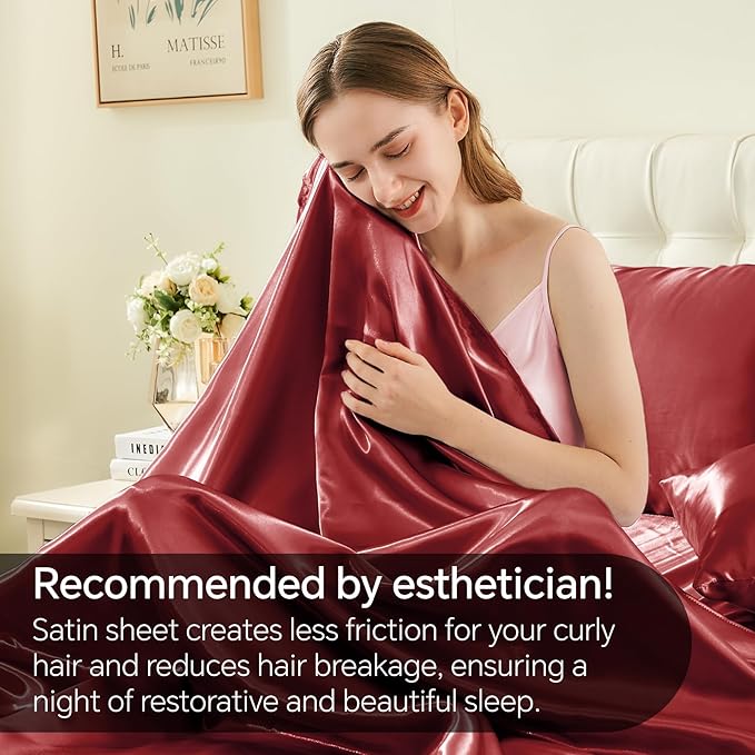 BEDELITE Satin Sheets Full Size Bed Set, Luxury Soft Burgundy Silky Sheet - Image 4