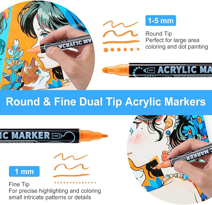 100 Colors Waterproof Dual Tip Acrylic Paint Pens, Dot & Fine Tip Premium Coloring Drawing Markers Set for Wood, Rock, Canvas, Glass, Ceramic Surfaces and DIY Crafts Making Art Supplies-DeskoryOffice