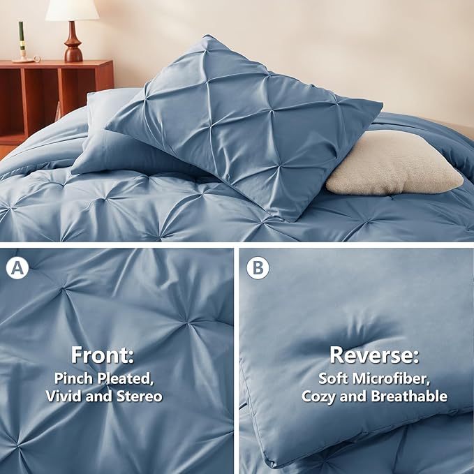 HIMEET Pintuck Bed in a Bag, 7 Pieces Queen Size Comforter Set Grayish Blue - Image 3