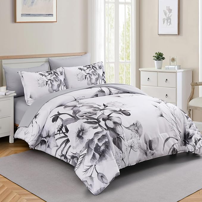 Luxudecor Floral Comforter Set King Size 7 Piece, Elegant Ink Comforter Bedding - Image 2