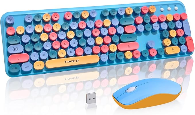 Keyboard and Mouse Wireless,Cute Retro Wireless Keyboard Mouse Combo with Round Key,2.4Ghz Dropout-Free Connection,Typewriter Wireless Keyboard Mouse Set for PC Laptop Desktop Computer-Blue Colorful-DeskoryOffice