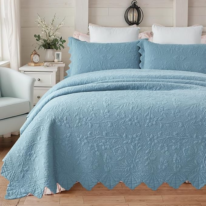Brandream Luxury 100% Cotton Quilt Set King Size Blue Floral Vine Matelasse by Brandream