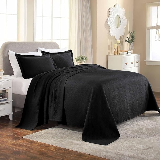 Superior 3 Piece Basketweave Cotton Bedspread Set, Home Bed Decor, Decorative Bed Spread, 2 Pillow Shams, Medium Weight Blanket, Matelasse Coverlet Bedding, Geometric Lattice Pattern, Queen, Black