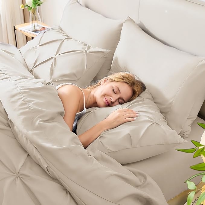 CozyLux Oversized King Comforter Sets Beige, 7 Pieces Oversized King Pintuck - Image 8