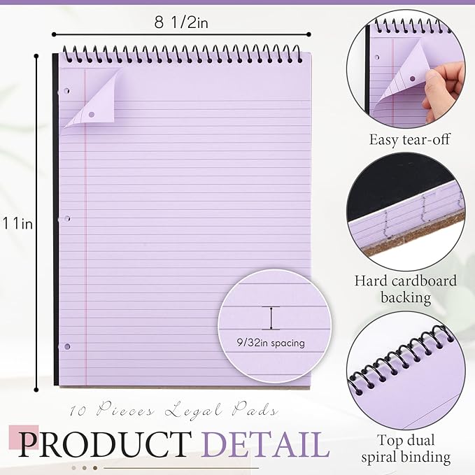 10 Packs 8.5" x 11" Top Spiral Notebook with 3 Hole Punched Legal Pads College Ruled Notepad 50 Sheets Hard Cardboard Paper Wirebound Notepad for Office School Business (Multicolor)-DeskoryOffice