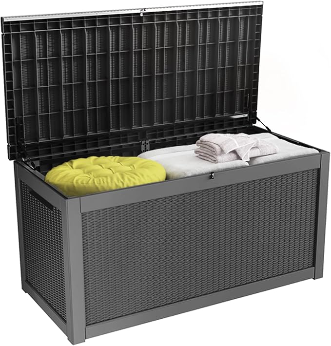 100 Gallon Resin Deck Box, Waterproof Outdoor Storage Bin for Patio Furniture, Pool Accessories, and Garden Tools, Lockable & UV-Resistant, Black-DeskoryOffice