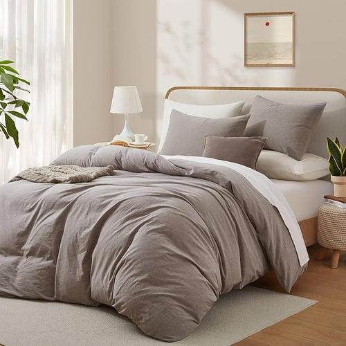100% Cotton Duvet Cover Full Size, Mauve Brown Linen-Like Natural Bedding Set - Image 2