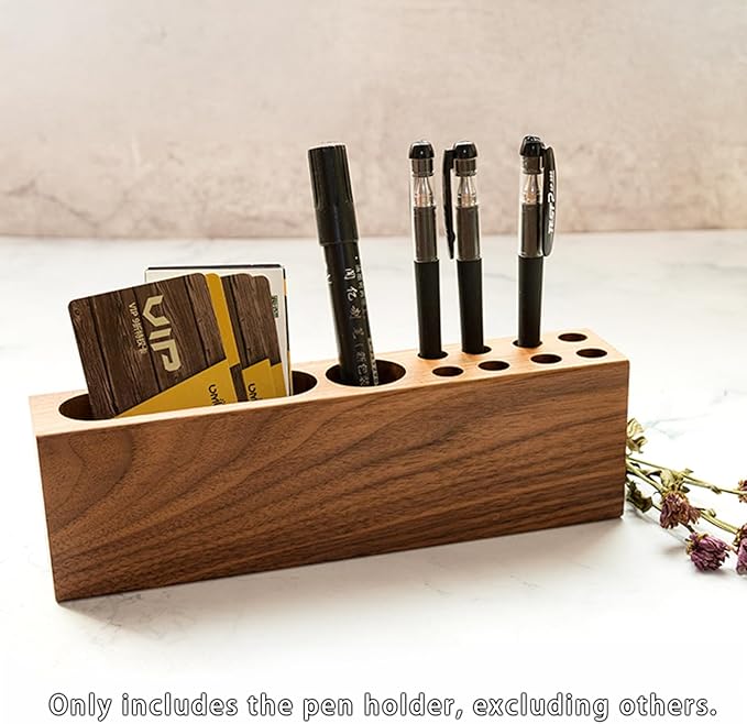 LiTY Pen Holder for Desk, Acacia Wooden Pencil Stand, Solid Wood Business Card Holder, Fountain Pen Organizer, Minimalist Aesthetic Office Stationery Desk Decor-DeskoryOffice