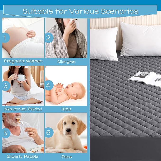 GRT Twin Size Grey Quilted Fitted Mattress Pad, 100% Waterproof Breathable - Image 5