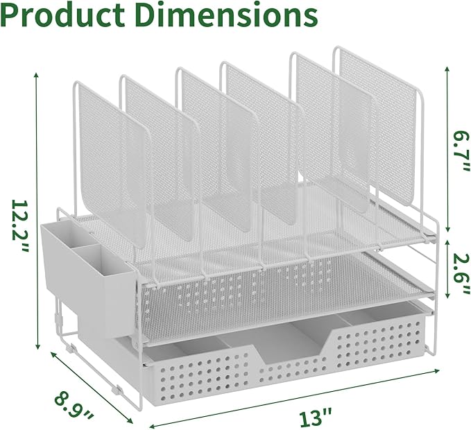 Desk Organizer, Office Organization with Vertical File Holder, File Organizer with Drawer and Pen Holder, Desk Accessories and Workspace Organizers for Home Office (White)-DeskoryOffice