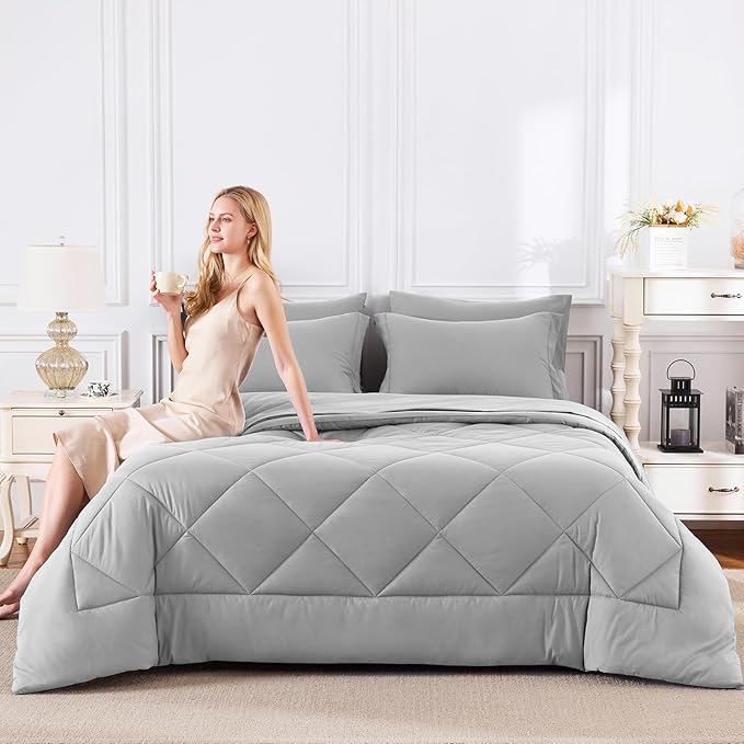 CozyLux Oversized King Comforter Set Light Grey, 7 Pieces Bed in a Bag - Image 7