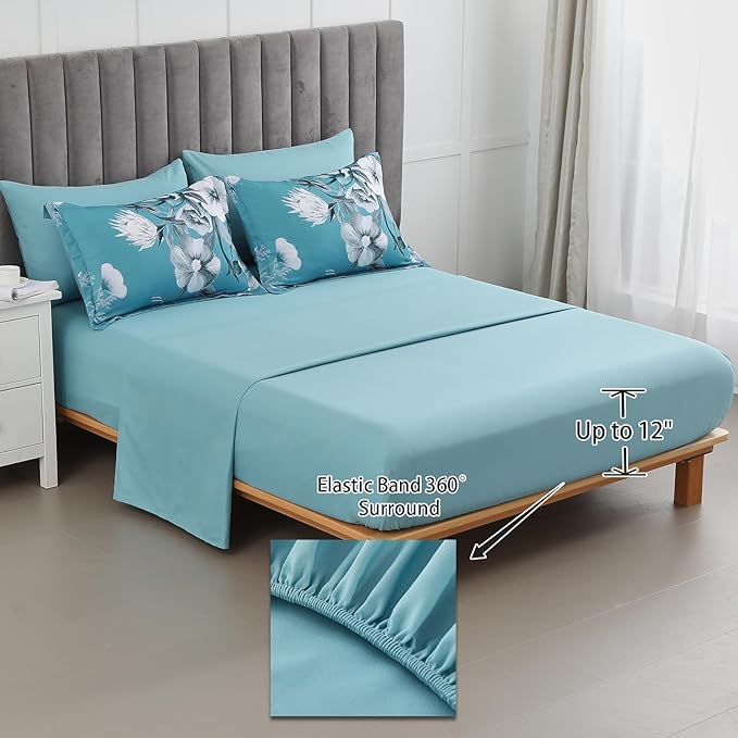 Luxudecor Floral Comforter Set Queen Size 7 Piece, Teal Blue Flower Bed in a Bag - Image 4