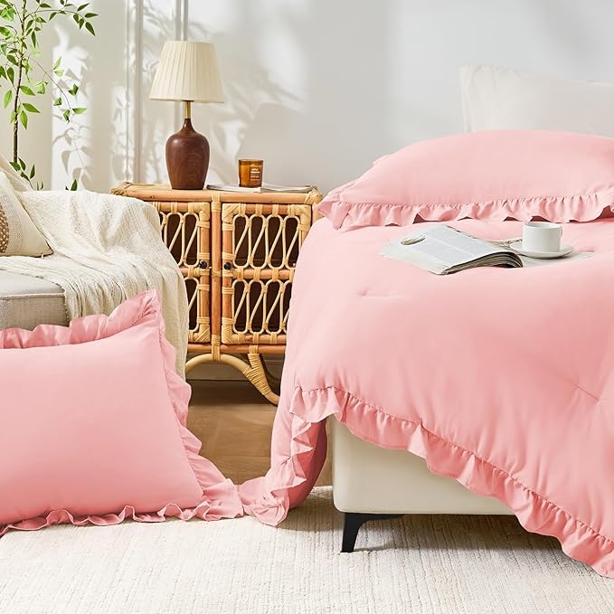 FUANNA King Size Comforter Set Pink, 3 Pieces Ruffle King Bedding Set, Fluffy - Image 8