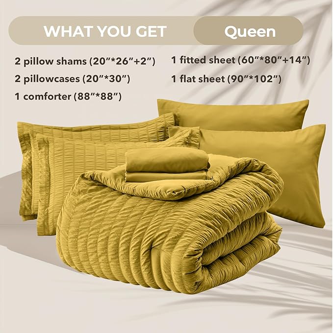 HYMOKEGE Mustard Yellow Queen Comforter Set Seersucker 7 Pieces, All Season - Image 6