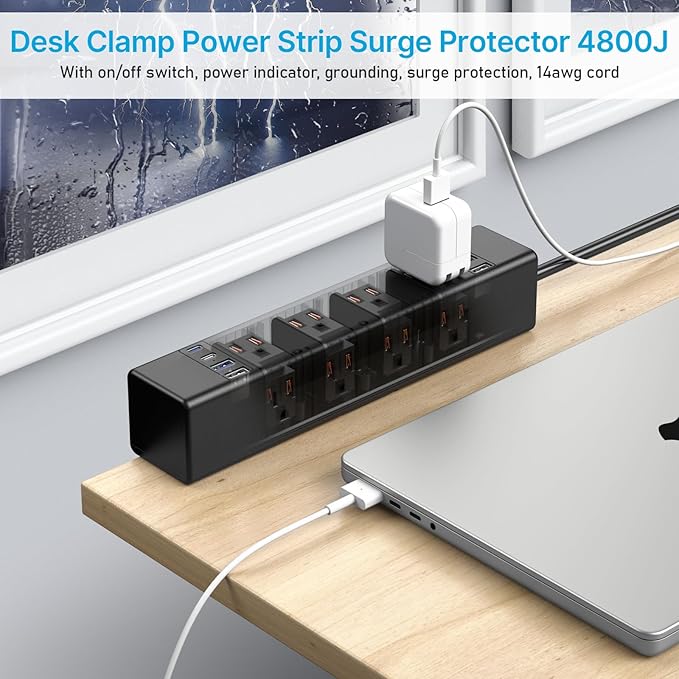 CCCEI Desk Outlet Station 20W USB C Port. 12 Outlet Desktop Clamp Power Strip Surge Protector 4800J with Switch. Nightstand Office Standing Desk Accessories Fit Thicker Table Edge or Screw Mount, 10FT-DeskoryOffice