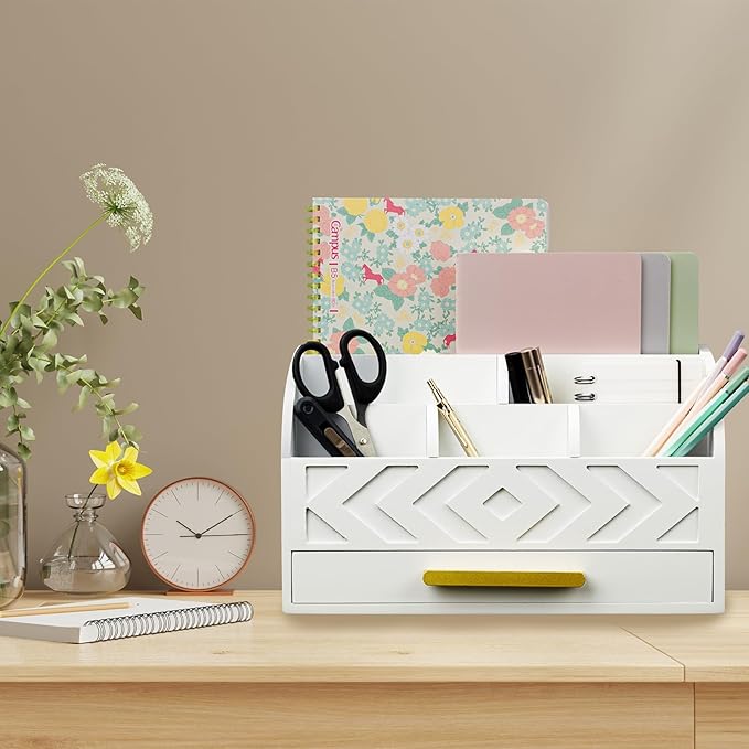 Wooden Desk Organizer Mail Organizer Countertop, Desktop Organizer Mail Sorter Mail Holder Bill Organizer for Desk, Desk Organizers and Accessories for Women (White)-DeskoryOffice