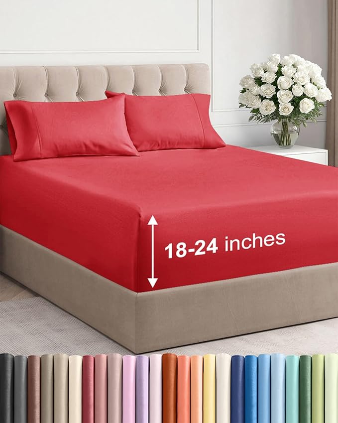 Extra Deep Twin Sheet Set - 4 Piece Breathable and Cooling Sheets - Hotel Luxury Bed Sheets Set - Easy & Secure Fit - Soft, Wrinkle Free and Comfy Sheets Set - Red Sheet Set with Extra Deep Pockets