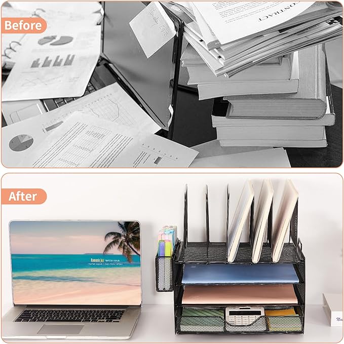 Desk Organizers and Accessories, 3-Tier Paper Organizer with 5 Vertical File Holders, File Organizer for Desk (Black With Drawer, 3T With Drawer)-DeskoryOffice