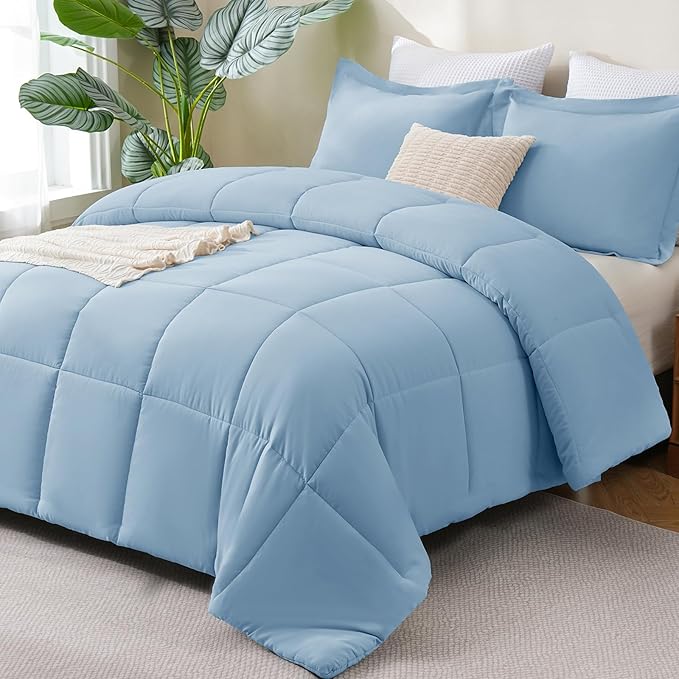 CozyLux Oversized Queen Comforter Set, 3 Pieces Baby Blue 98x98 Box Stitched by CozyLux